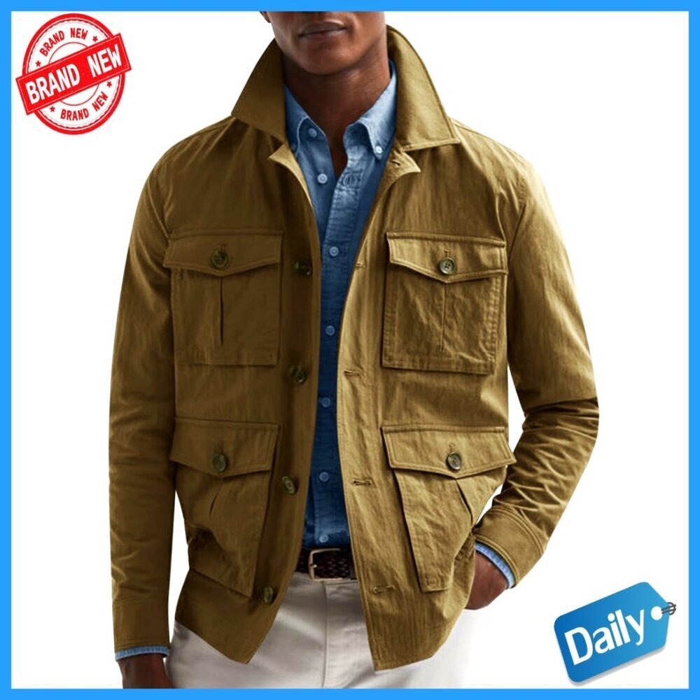 Lightweight Safari Jacket Windproof Casual Button Up Work Coat with Pockets